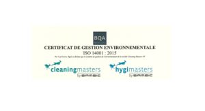 ISO14001 certified - the certificate of Cleaning Masters and Hygi Masters